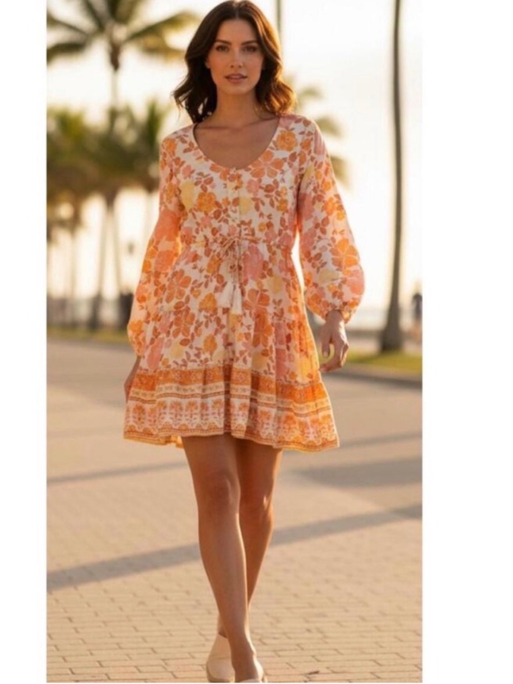 Petal + Pup Odie Dress Orange Beige Floral Boho Rayon Sz 10
